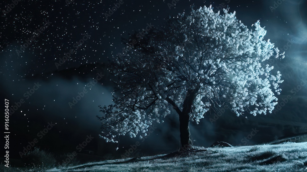 Canvas Prints cherry tree in full bloom on the hill in the night