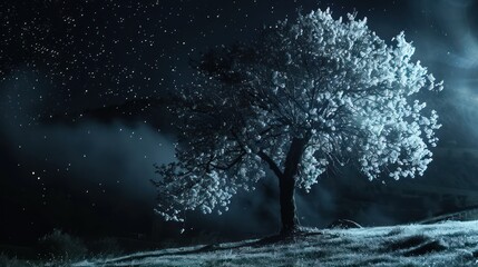 cherry tree in full bloom on the hill in the night