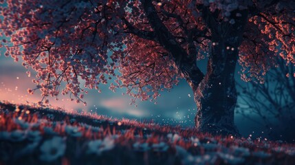 cherry tree in full bloom on the hill in the night