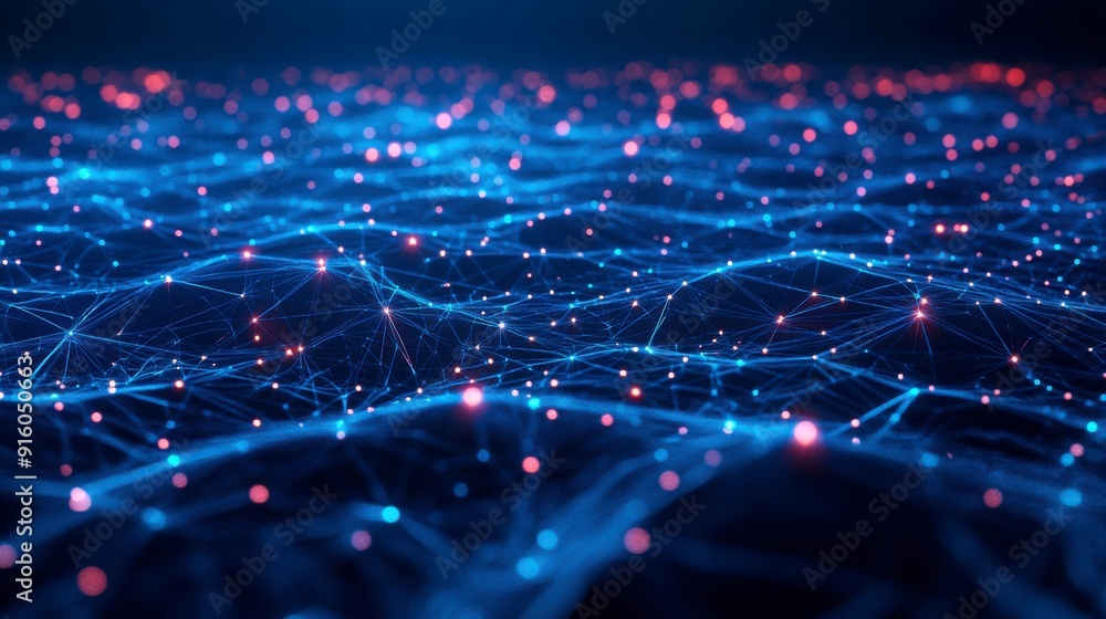 Poster an abstract representation of a cybersecurity network: glowing nodes and lines in a dark digital env