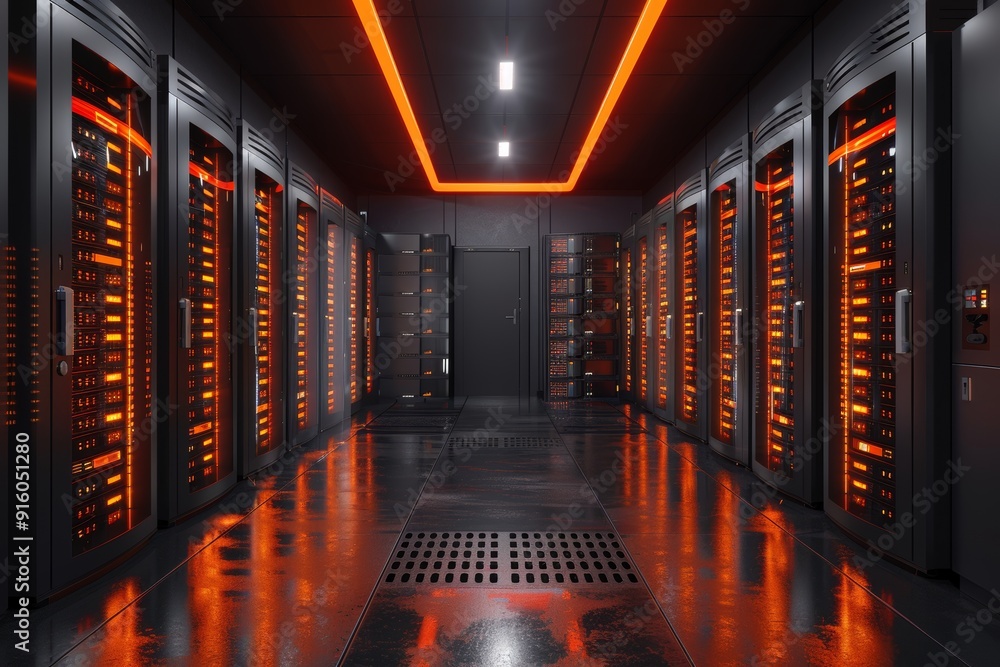 Poster abstract view of a modern server room with many rows of black server racks with bright orange lights