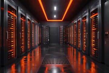 Abstract view of a modern server room with many rows of black server racks with bright orange lights illuminating the room from above. Perspective down the center aisle.