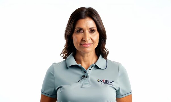 medium shot portrait of a confident Israeli woman in her 40s wearing a sporty polo shirt against a white background