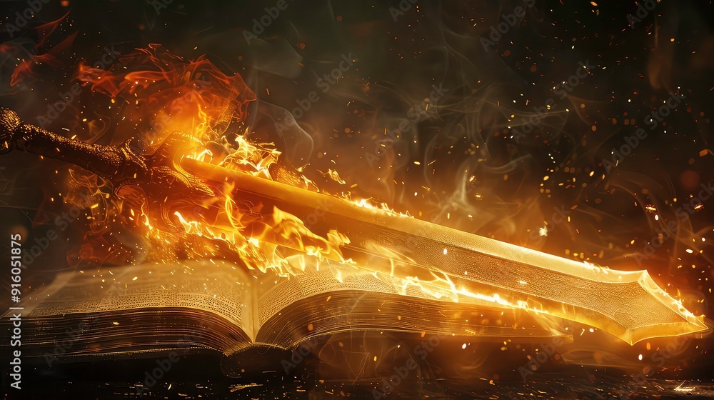 Poster a flaming sword is on top of an open book with a black background.