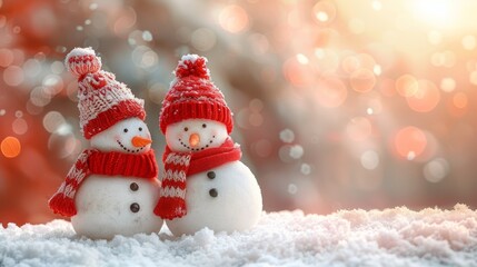 The snowmen are standing tall in the snow-covered landscape, each one adorned with a festive red and white striped hat and scarf. The scene evokes a sense of holiday cheer and winter magic. Copy space