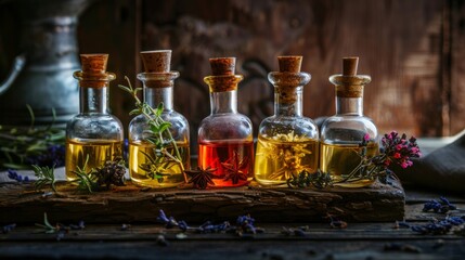 Collection of vintage glass bottles with herbs and oils