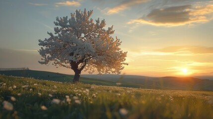 cherry tree in full bloom on the hill in the sunset