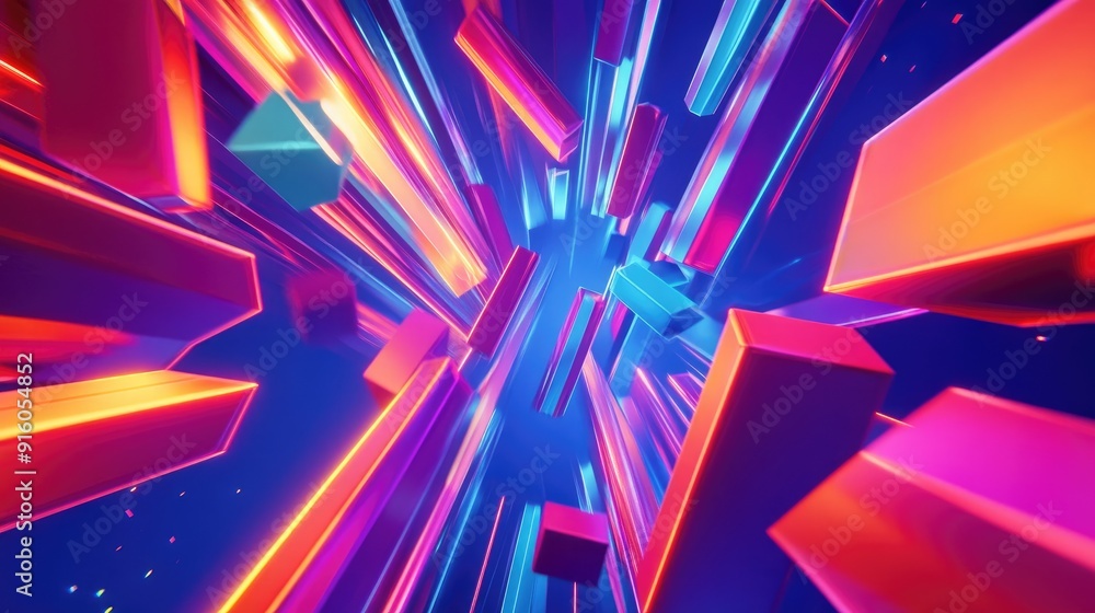 Poster a dazzling neon composition of colorful geometric shapes, creating a vibrant and energetic visual ef