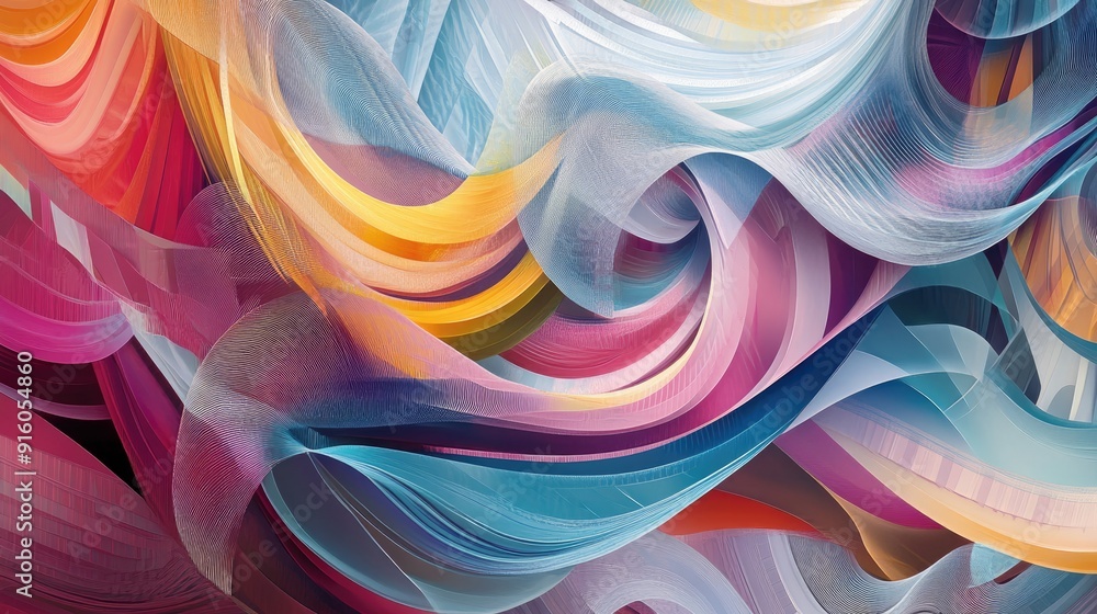 Poster a dynamic abstract art piece featuring colorful wave forms and intricate geometric patterns, creatin