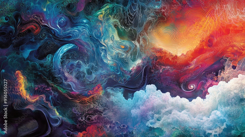 Poster a dynamic abstract art piece featuring vibrant, flowing waveforms and intricate, colorful patterns
