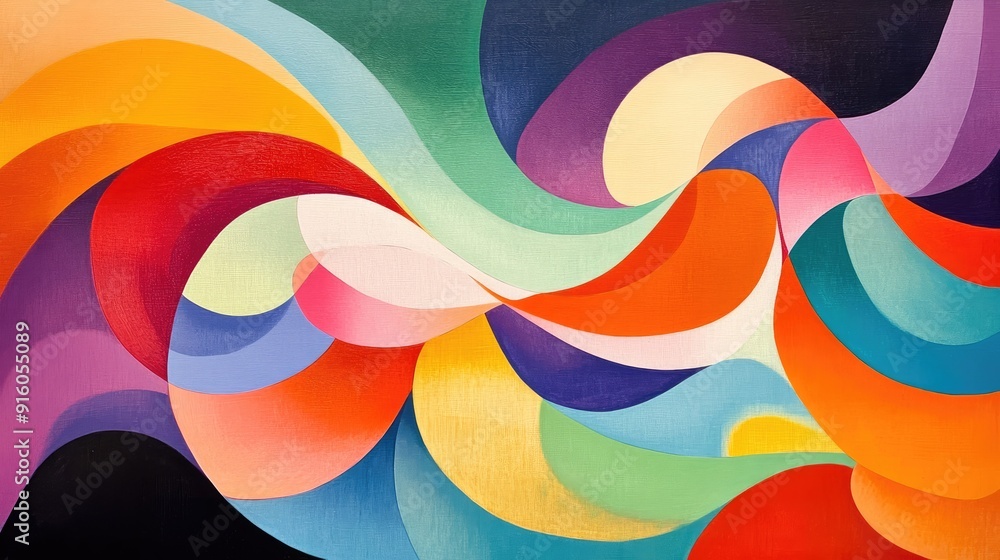 Poster a dynamic abstract art piece with vibrant wave forms and intricate geometric patterns, creating a vi