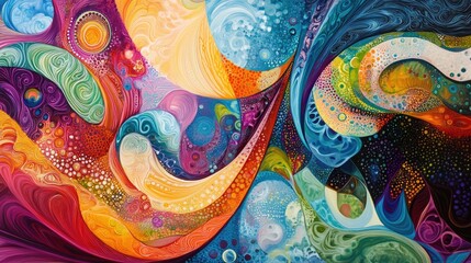 A dynamic abstract art piece featuring vibrant, flowing waveforms and intricate, colorful patterns