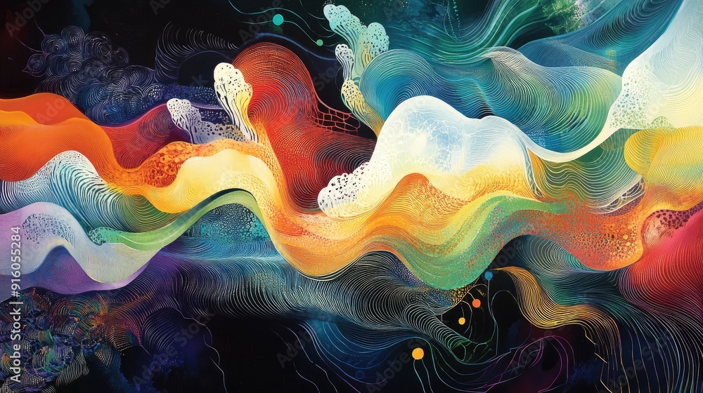 Poster a dynamic abstract artwork with flowing waveforms and intricate, vibrant patterns in multicolored hu