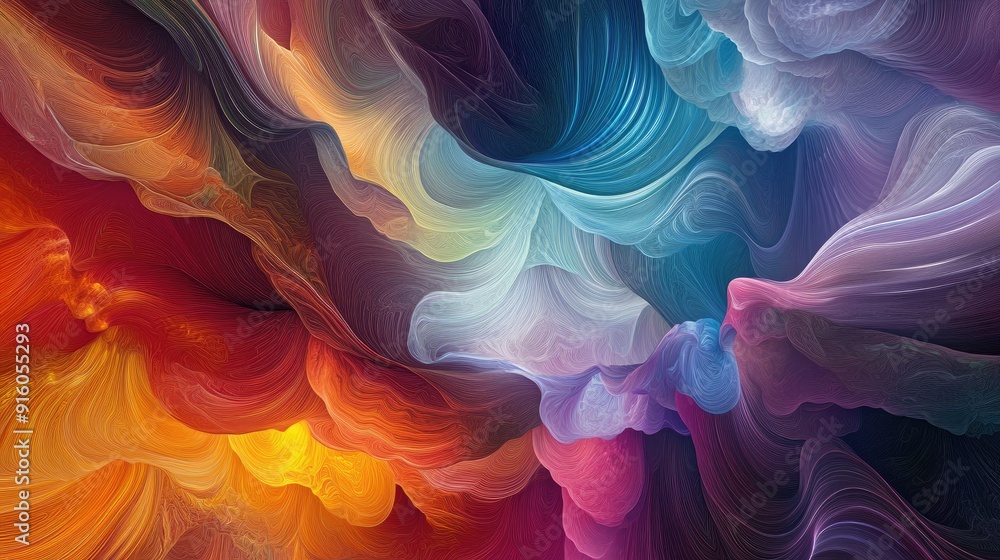 Poster a dynamic abstract artwork with flowing waveforms and intricate, vibrant patterns in multicolored hu