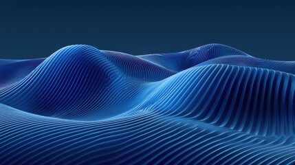 Abstract 3D rendering of smooth blue wavy lines and fluid curves, creating a calming and futuristic landscape against a dark background.