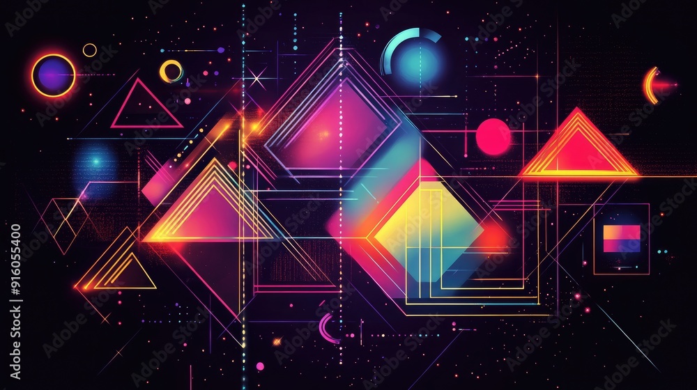 Poster a dynamic neon design featuring colorful geometric shapes arranged in a visually stunning compositio