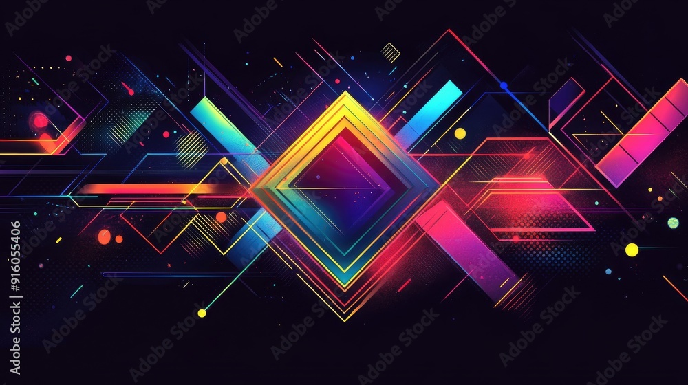 Poster a dynamic neon design featuring colorful geometric shapes arranged in a visually stunning compositio