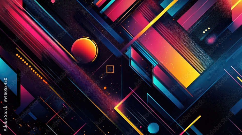 Poster a dynamic neon design featuring colorful geometric shapes arranged in a visually stunning compositio