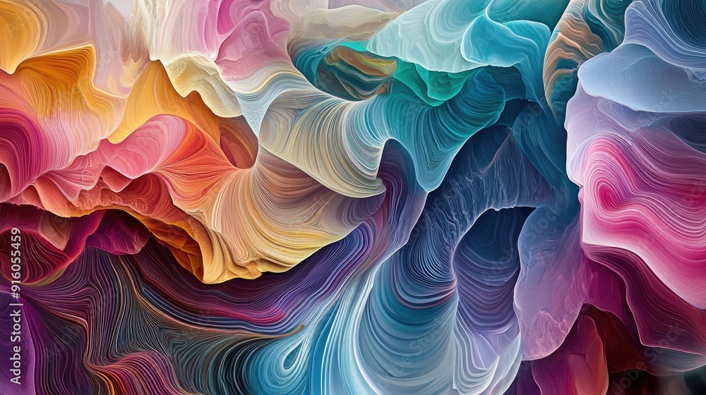 Aufkleber a flowing abstract art piece with intricate patterns and vibrant waveforms in multicolored hues