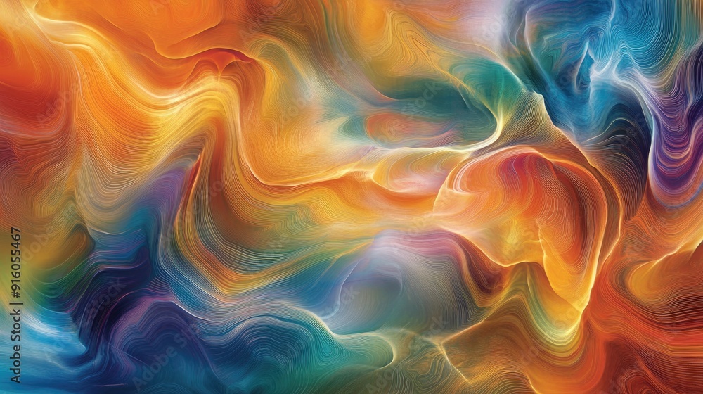 Aufkleber a flowing abstract art piece with intricate patterns and vibrant waveforms in multicolored hues