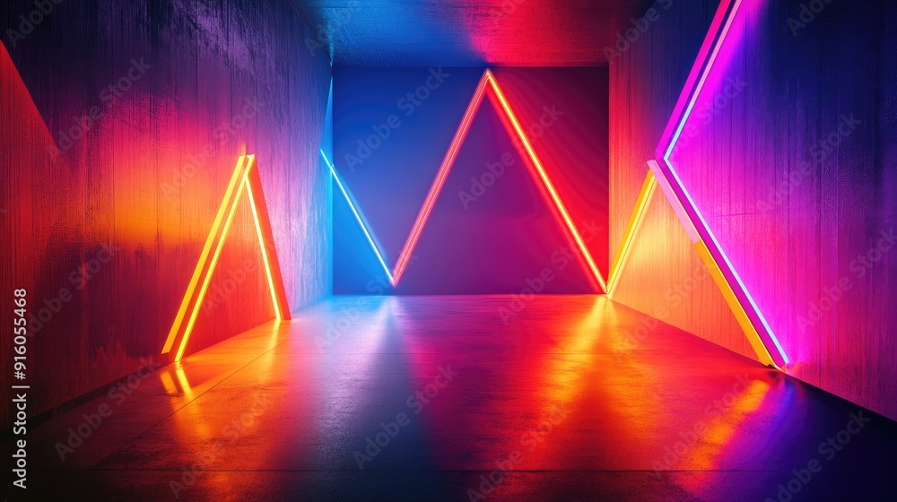 Poster a dynamic neon design featuring colorful geometric shapes arranged in a visually stunning compositio