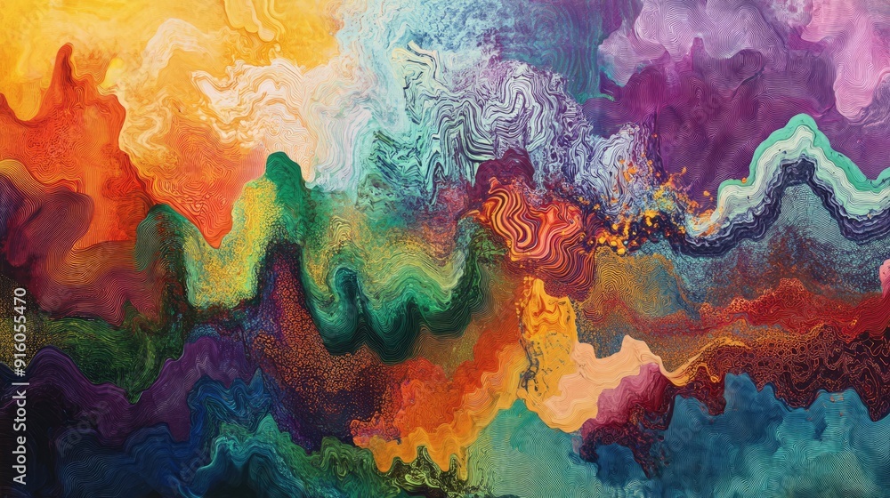 Aufkleber a flowing abstract art piece with intricate patterns and vibrant waveforms in multicolored hues