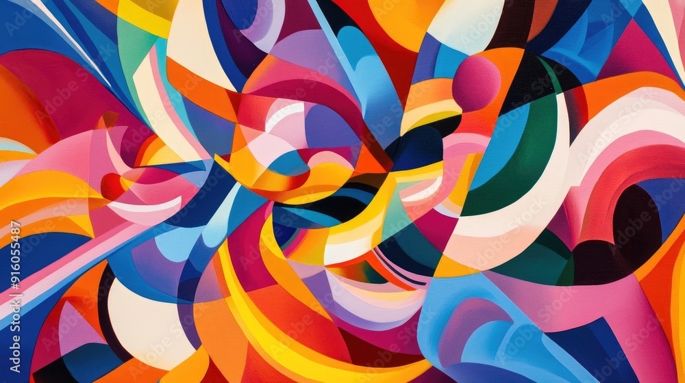 Poster a kaleidoscopic explosion of bold, overlapping colors and swirling shapes, creating vibrant geometri
