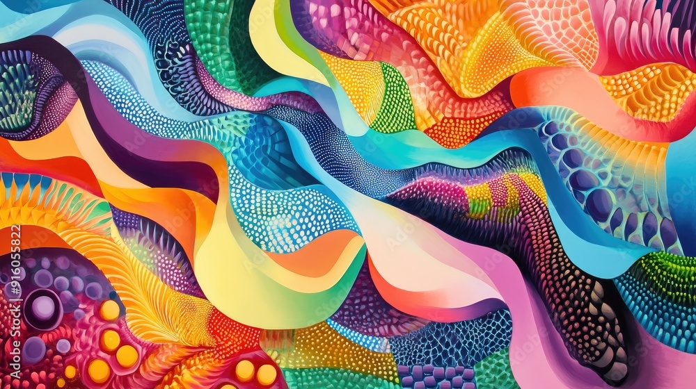 Aufkleber a stunning abstract art piece featuring multicolored wave forms and intricate geometric shapes, crea