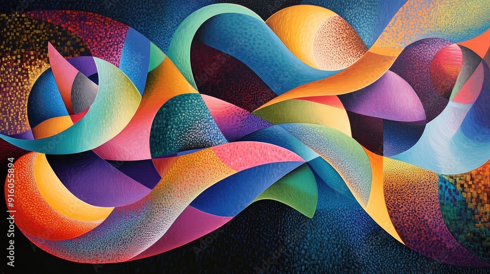 Poster a stunning abstract art piece with flowing, multicolored wave forms and intricate patterns, combined