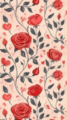A vibrant pattern of red roses and hearts against a soft beige background, ideal for various design applications