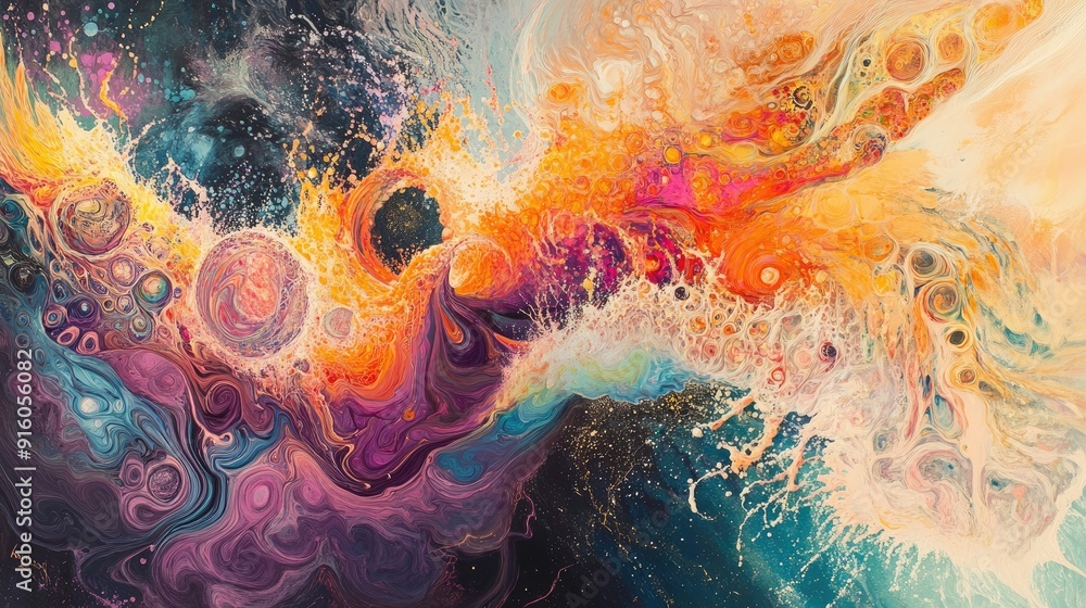 Poster a stunning abstract piece with swirling waveforms and vibrant colors, forming intricate, dynamic pat