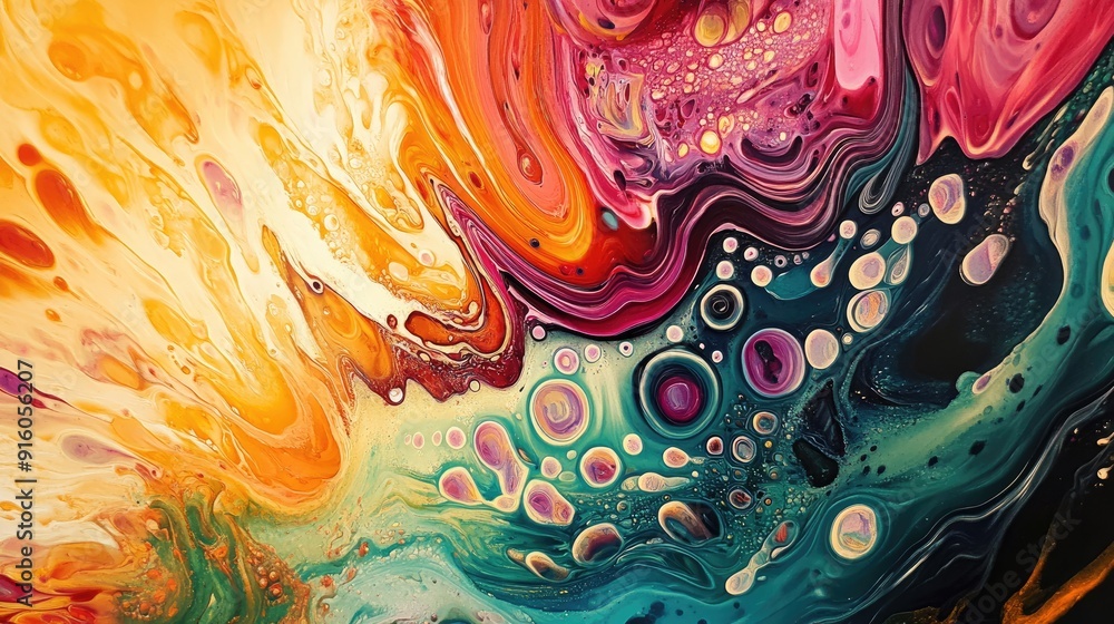 Poster a vibrant abstract piece featuring flowing waveforms and intricate, multicolored patterns, full of d