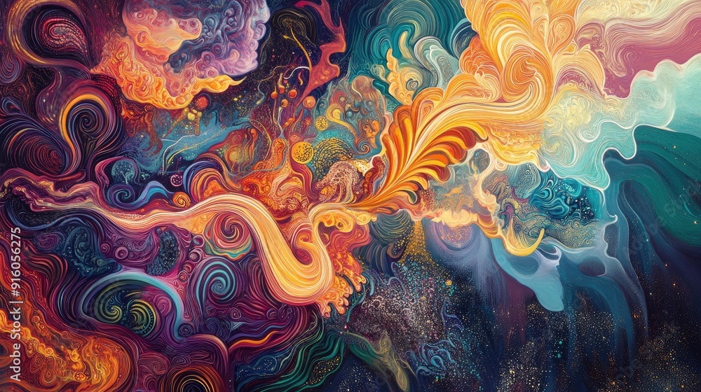 Aufkleber a vibrant abstract piece with intricate patterns and flowing waveforms in multicolored hues