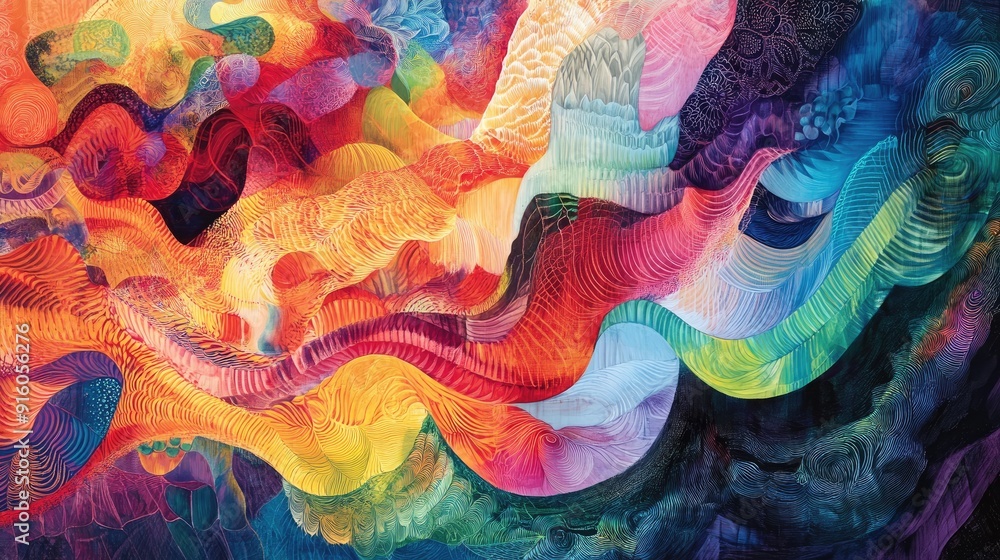 Aufkleber a vibrant abstract piece with intricate patterns and flowing waveforms in multicolored hues