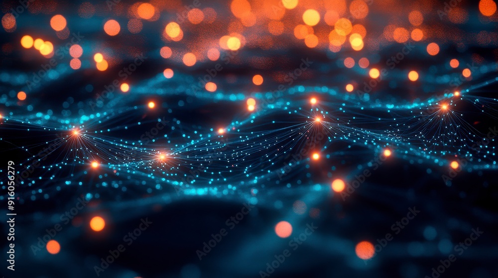 Poster an abstract representation of a cybersecurity network: glowing nodes and lines in a dark digital env