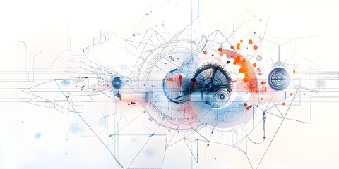 
Abstract futuristic technical drawing with gears and colorful line vector illustration on a white background.