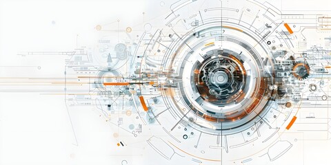 
Abstract futuristic technical drawing with gears and colorful line vector illustration on a white background.