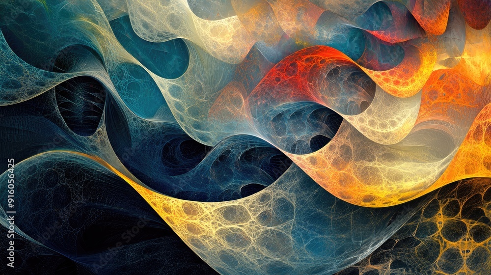 Poster a visually stunning abstract art piece with multicolored wave forms and intricate geometric patterns
