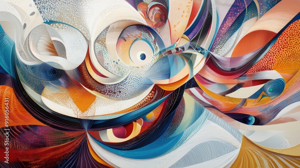 Poster a visually stunning abstract art piece with flowing, multicolored wave forms and intricate geometric