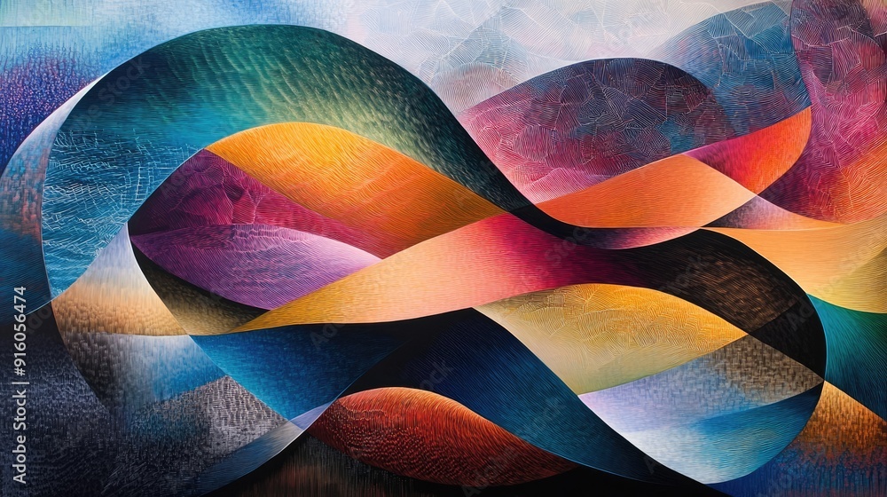 Poster a visually stunning abstract art piece with multicolored wave forms and intricate geometric patterns