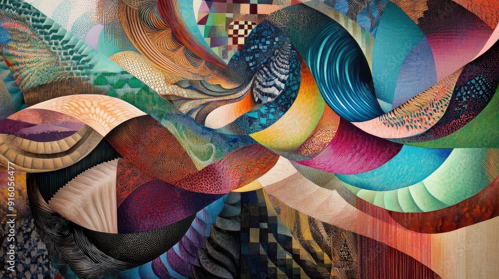Poster a visually stunning abstract art piece with multicolored wave forms and intricate geometric patterns