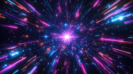 Naklejka premium Abstract neon light rays with starburst dynamic lines, star in galaxy explosion on black, creating a vibrant cosmic effect