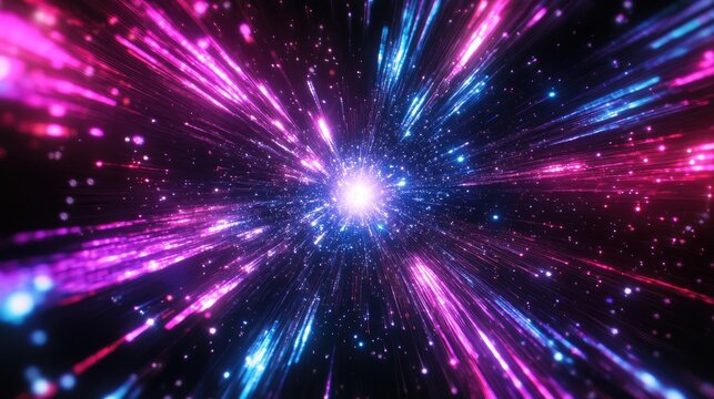 Abstract neon light rays with starburst dynamic lines, star in galaxy explosion on black, creating a vibrant cosmic effect