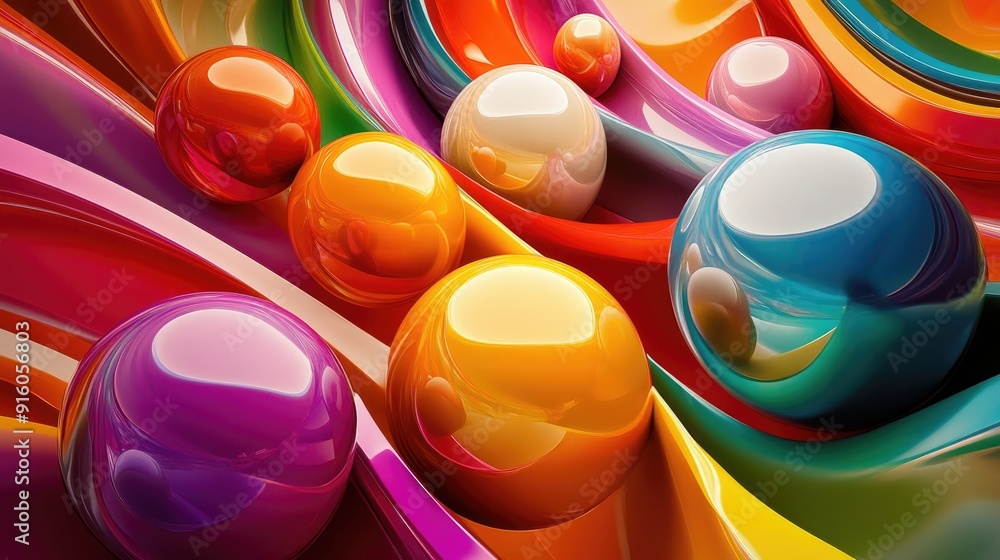 Poster artistic expression with vivid 3d colorful spheres in a flowing wave of multicolored patterns, vibra