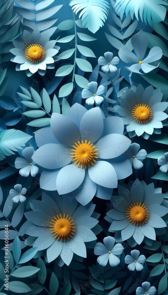 Poster an array of intricate blue paper flowers and delicate leaves on a vibrant blue background. the varyi