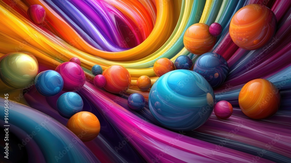 Poster artistic expression with vivid 3d colorful spheres in a flowing wave of multicolored patterns, vibra