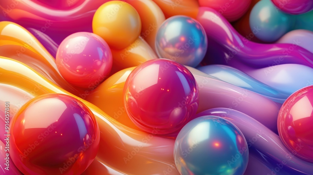 Poster dynamic visual of vivid 3d colorful spheres flowing through multicolored waves, perfect for artistic