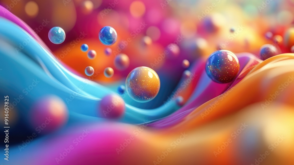Poster dynamic visual of vivid 3d colorful spheres flowing with multicolored wave forms, perfect for artist