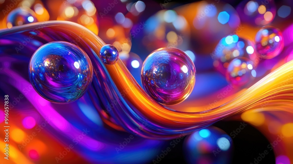 Aufkleber dynamic visual of vivid 3d colorful spheres flowing with multicolored wave forms, perfect for artist