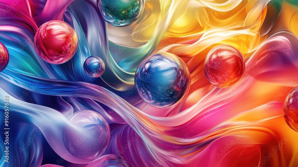 Poster dynamic visual of vivid 3d colorful spheres flowing with multicolored wave forms, perfect for artist